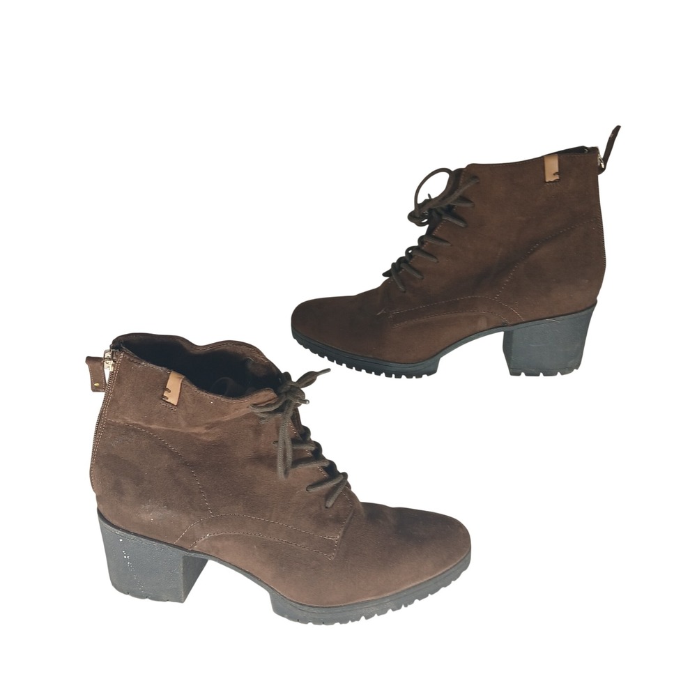 Dr. Scholl's Laurence Boots 8.5 Brown Suede Lace Up Back Zip Block Heel Lug Sole